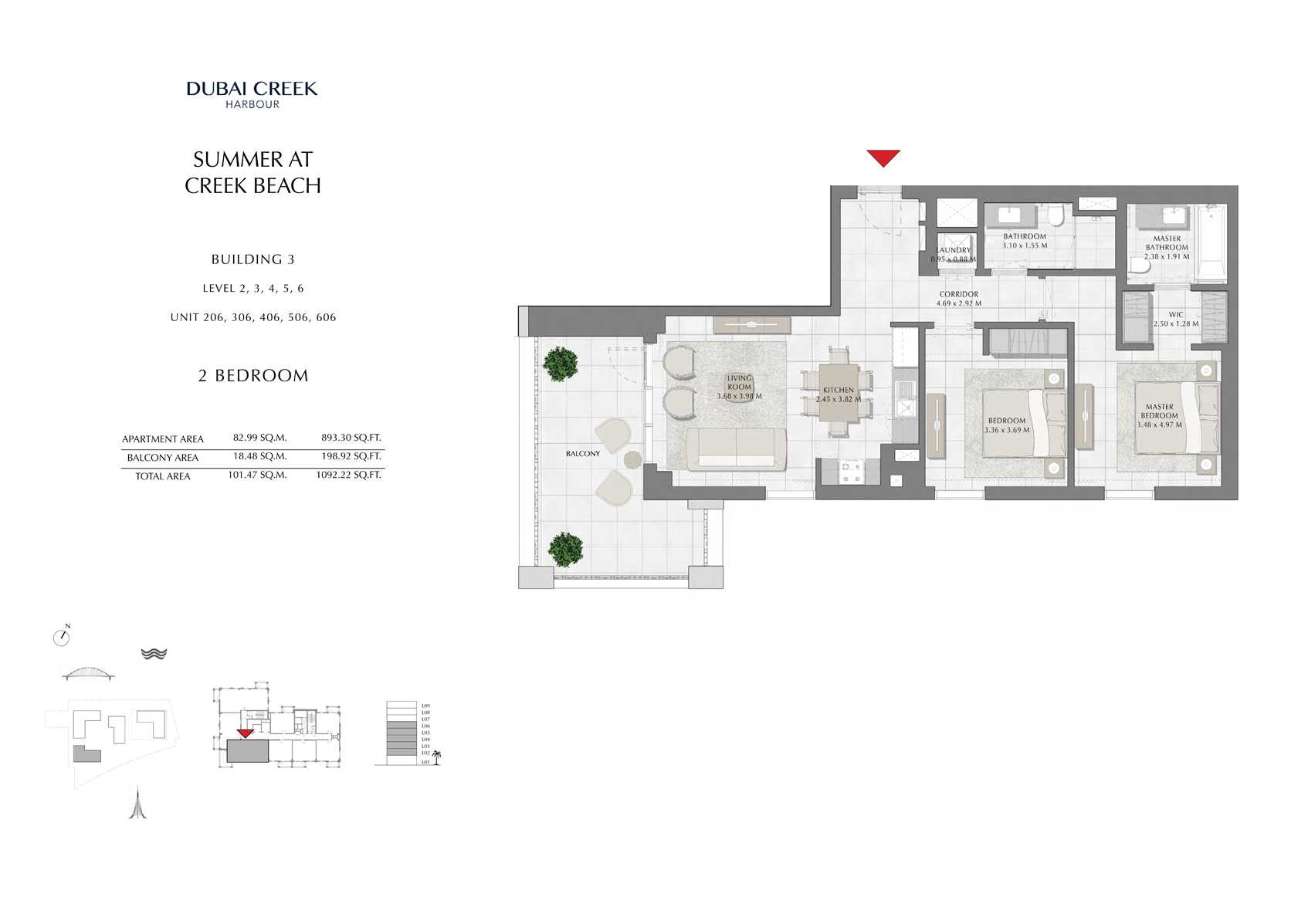 2 Br Building 3 Level-2-3-4-5-6 Unit-206-306-406-506-606, Size 1092 Sq Ft